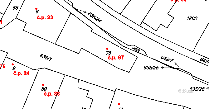 Orel 67 na parcele st. 75 v KÚ Orel, Katastrální mapa