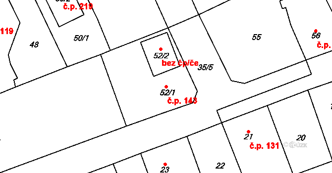 Česká Bříza 143 na parcele st. 52/1 v KÚ Česká Bříza, Katastrální mapa