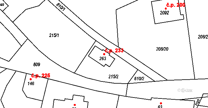 Brunšov 233, Hradištko na parcele st. 263 v KÚ Hradištko pod Medníkem, Katastrální mapa