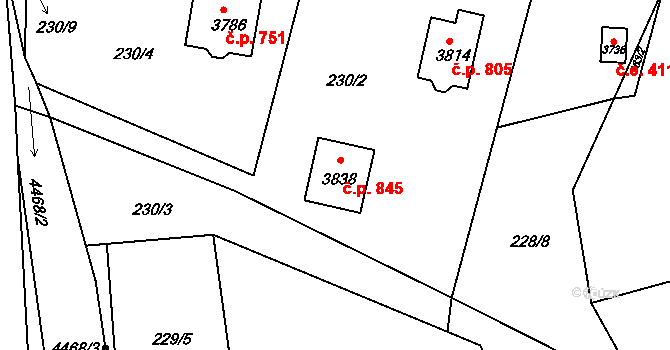 Ostravice 845 na parcele st. 3838 v KÚ Staré Hamry 2, Katastrální mapa