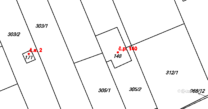 Hřivčice 140, Peruc na parcele st. 148 v KÚ Hřivčice, Katastrální mapa