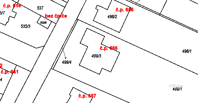 Jaroslavice 686 na parcele st. 499/3 v KÚ Jaroslavice, Katastrální mapa