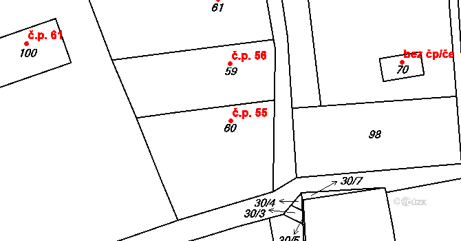 Bousín 55 na parcele st. 60 v KÚ Bousín, Katastrální mapa