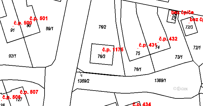 Vejprnice 1175 na parcele st. 76/3 v KÚ Vejprnice, Katastrální mapa