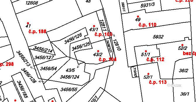 Hrušovany nad Jevišovkou 104 na parcele st. 43/2 v KÚ Hrušovany nad Jevišovkou, Katastrální mapa