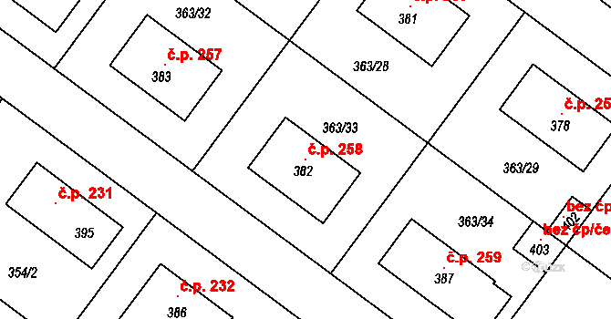 Jiřice 258, Kostelec nad Labem na parcele st. 382 v KÚ Jiřice u Kostelce nad Labem, Katastrální mapa