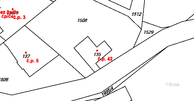 Roudný 42, Frýdštejn na parcele st. 135 v KÚ Frýdštejn, Katastrální mapa