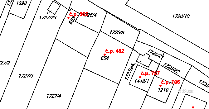 Brtnice 452 na parcele st. 654 v KÚ Brtnice, Katastrální mapa