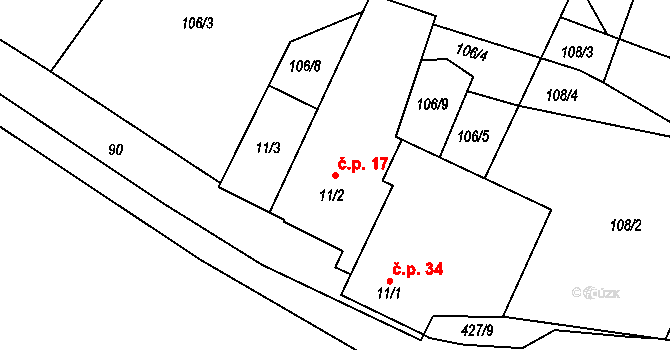 Zbinohy 17 na parcele st. 11/2 v KÚ Zbinohy, Katastrální mapa