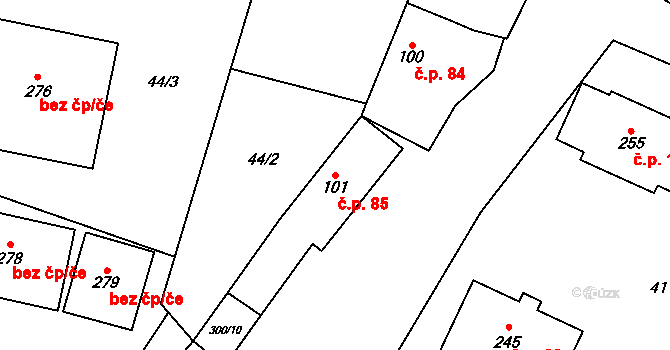 Hospozín 85 na parcele st. 101 v KÚ Hospozín, Katastrální mapa