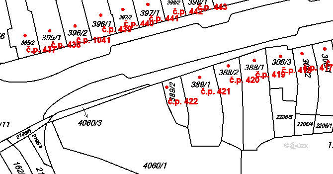 Kyjov 422 na parcele st. 389/2 v KÚ Kyjov, Katastrální mapa