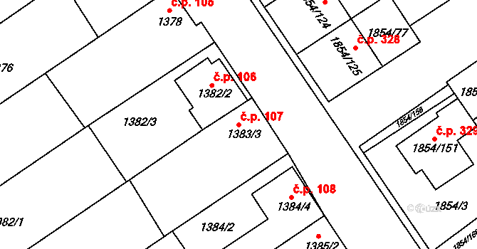 Křečkovice 107, Vyškov na parcele st. 1383/3 v KÚ Vyškov, Katastrální mapa