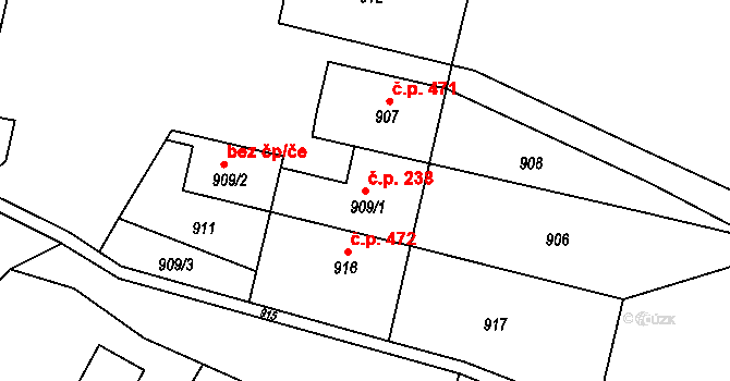 Fryčovice 238 na parcele st. 909/1 v KÚ Fryčovice, Katastrální mapa
