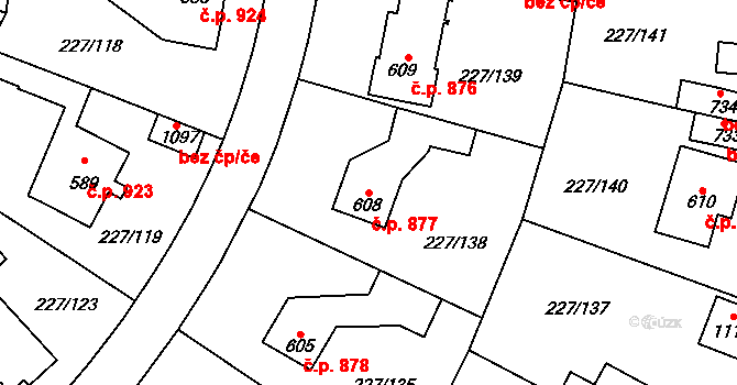 Švermov 877, Kladno na parcele st. 608 v KÚ Hnidousy, Katastrální mapa