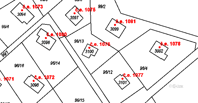Ostravice 1076 na parcele st. 3100 v KÚ Staré Hamry 2, Katastrální mapa