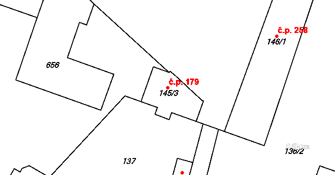 Nižbor 179 na parcele st. 145/3 v KÚ Nižbor, Katastrální mapa