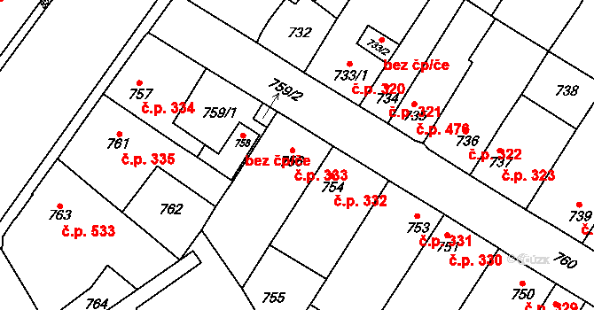 Kosmonosy 333 na parcele st. 756 v KÚ Kosmonosy, Katastrální mapa