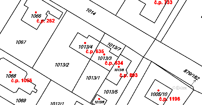 Kosmonosy 634 na parcele st. 1013/3 v KÚ Kosmonosy, Katastrální mapa
