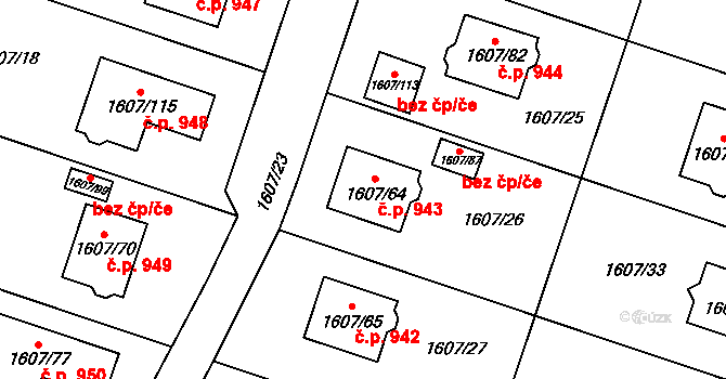 Kosmonosy 943 na parcele st. 1607/64 v KÚ Kosmonosy, Katastrální mapa