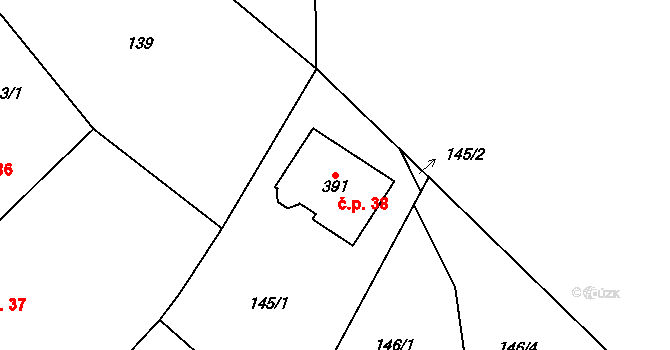 Stěžery 38 na parcele st. 391 v KÚ Stěžery, Katastrální mapa