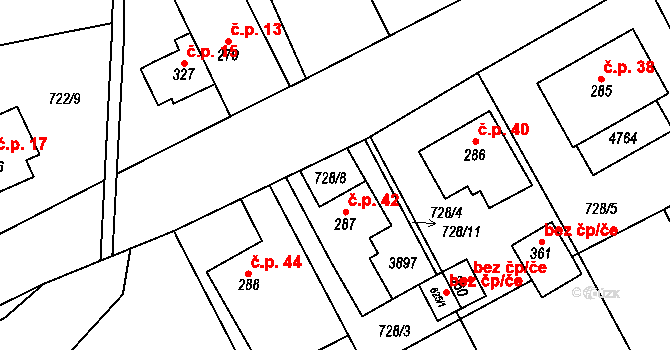 Boršov 42, Moravská Třebová na parcele st. 287 v KÚ Boršov u Moravské Třebové, Katastrální mapa