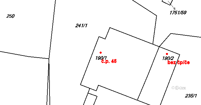 Karle 45 na parcele st. 190/1 v KÚ Karle, Katastrální mapa