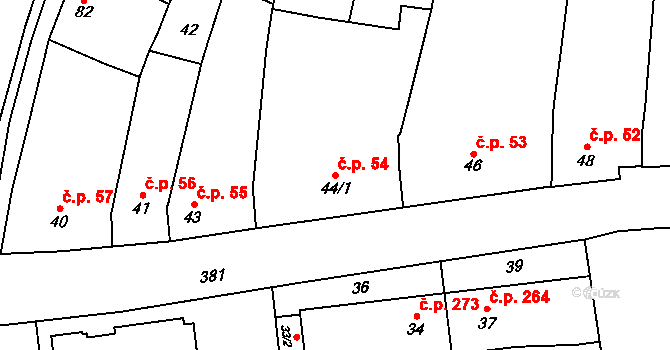 Křelov 54, Křelov-Břuchotín na parcele st. 44/1 v KÚ Křelov, Katastrální mapa