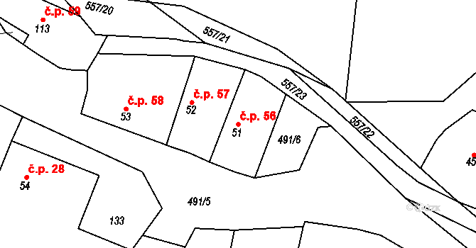 Třebovětice 56, Cerekvice nad Bystřicí na parcele st. 51 v KÚ Třebovětice, Katastrální mapa