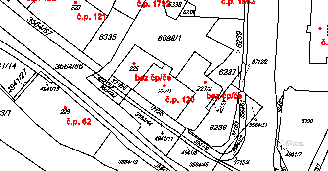 Rožnov pod Radhoštěm 120 na parcele st. 227/1 v KÚ Rožnov pod Radhoštěm, Katastrální mapa