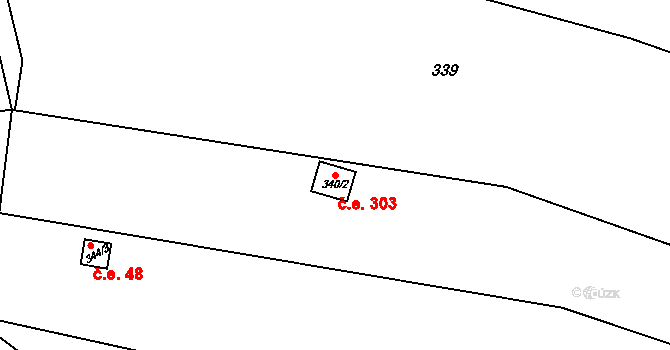 Jehnice 303, Brno na parcele st. 340/2 v KÚ Jehnice, Katastrální mapa