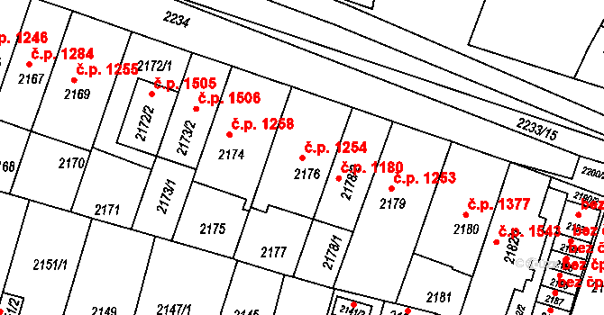 Husovice 1254, Brno na parcele st. 2176 v KÚ Husovice, Katastrální mapa