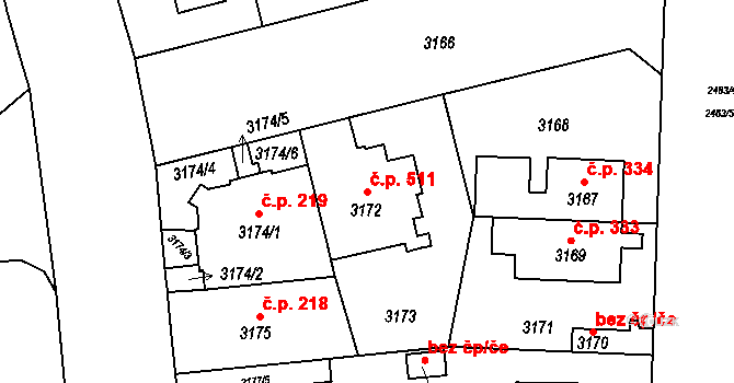 Černá Pole 511, Brno na parcele st. 3172 v KÚ Černá Pole, Katastrální mapa