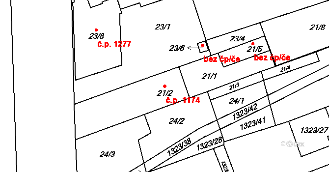 Černovice 1174, Brno na parcele st. 21/2 v KÚ Černovice, Katastrální mapa