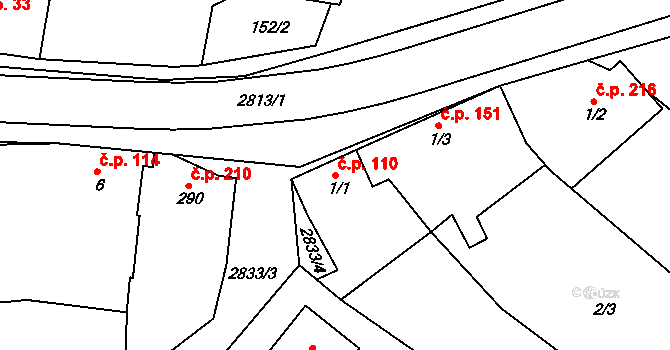 Roštín 110 na parcele st. 1/1 v KÚ Roštín, Katastrální mapa