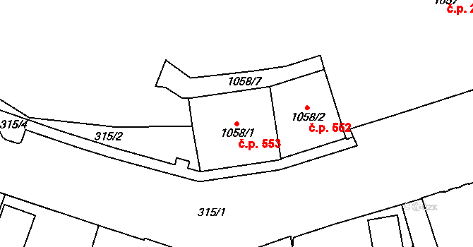 Cheb 553 na parcele st. 1058/1 v KÚ Cheb, Katastrální mapa