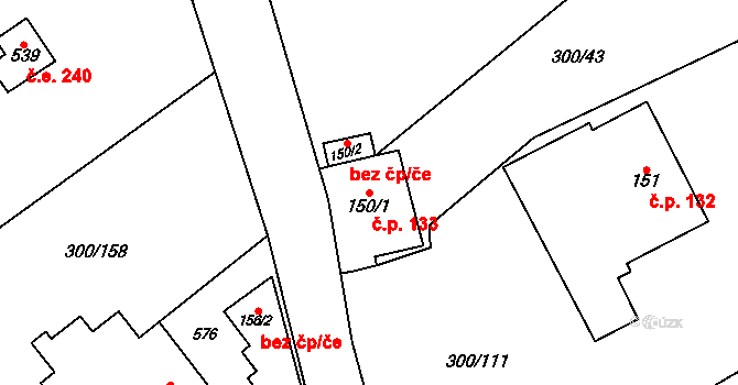 Jevany 133 na parcele st. 150/1 v KÚ Jevany, Katastrální mapa
