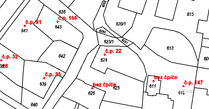 Jablůnka 22 na parcele st. 624 v KÚ Jablůnka, Katastrální mapa