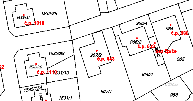 Řeporyje 843, Praha na parcele st. 967/2 v KÚ Řeporyje, Katastrální mapa