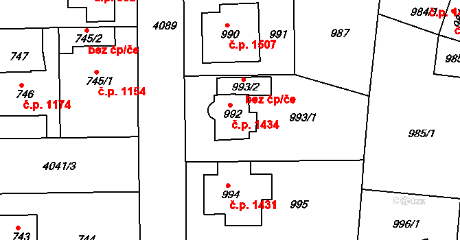 Modřany 1434, Praha na parcele st. 992 v KÚ Modřany, Katastrální mapa