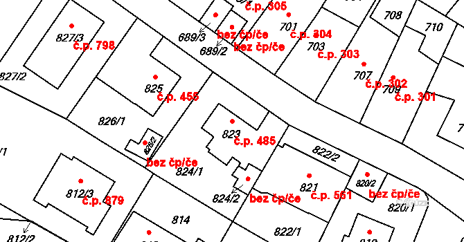 Ruzyně 485, Praha na parcele st. 823 v KÚ Ruzyně, Katastrální mapa