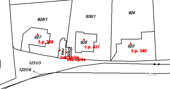 Nebušice 427, Praha na parcele st. 925 v KÚ Nebušice, Katastrální mapa
