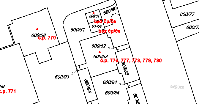 Bohnice 776,777,778,779,780, Praha na parcele st. 600/53 v KÚ Bohnice, Katastrální mapa
