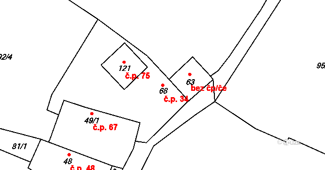 Krty-Hradec 34 na parcele st. 68 v KÚ Krty u Strakonic, Katastrální mapa
