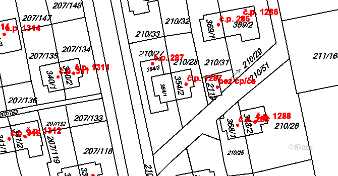 Sezimovo Ústí 287 na parcele st. 354/1 v KÚ Sezimovo Ústí, Katastrální mapa