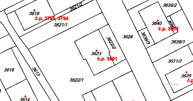Chomutov 3801 na parcele st. 3623 v KÚ Chomutov I, Katastrální mapa