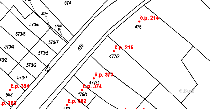 Rajhradice 215 na parcele st. 477/2 v KÚ Rajhradice, Katastrální mapa