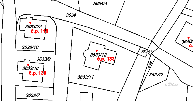 Sušice 133, Moravská Třebová na parcele st. 3633/12 v KÚ Moravská Třebová, Katastrální mapa