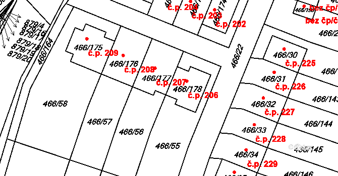 Rebešovice 206 na parcele st. 466/178 v KÚ Rebešovice, Katastrální mapa