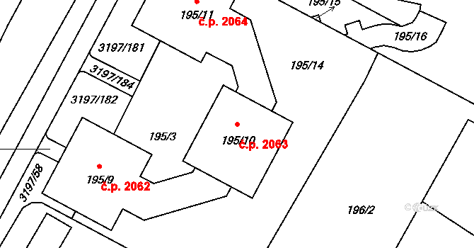 Bolevec 2063, Plzeň na parcele st. 195/10 v KÚ Bolevec, Katastrální mapa