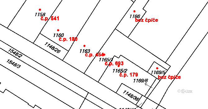 Lednice 693 na parcele st. 1165/1 v KÚ Lednice na Moravě, Katastrální mapa
